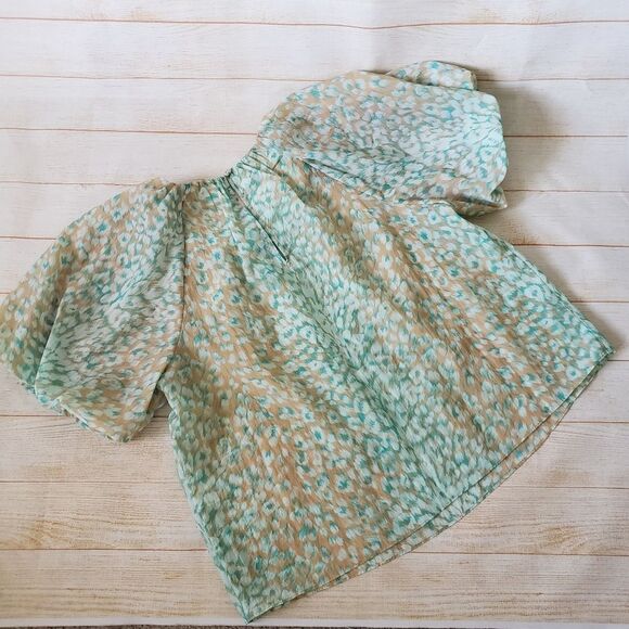 Tanya Taylor Jordan Top Blouse Short Sleeve Green Tan Women's Size Large - Picture 14 of 15